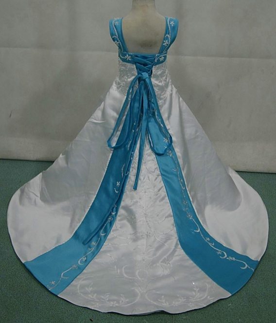 white and pool blue flower girl dress
