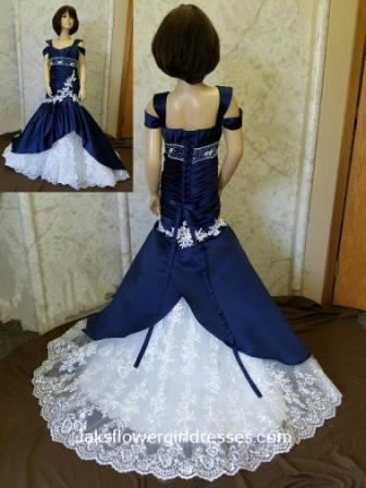 White and navy flower girl dress with scalloped lace train