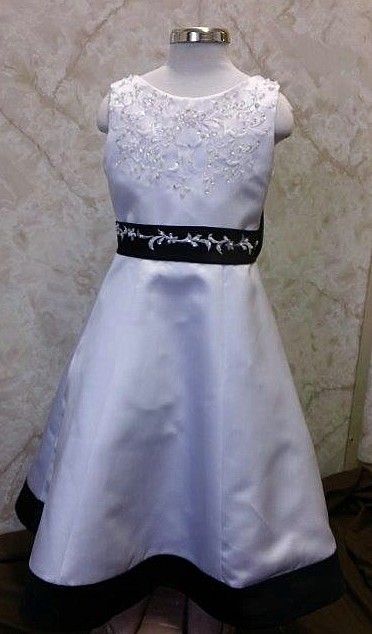 black and white floor-length flower girl dress with embroidery