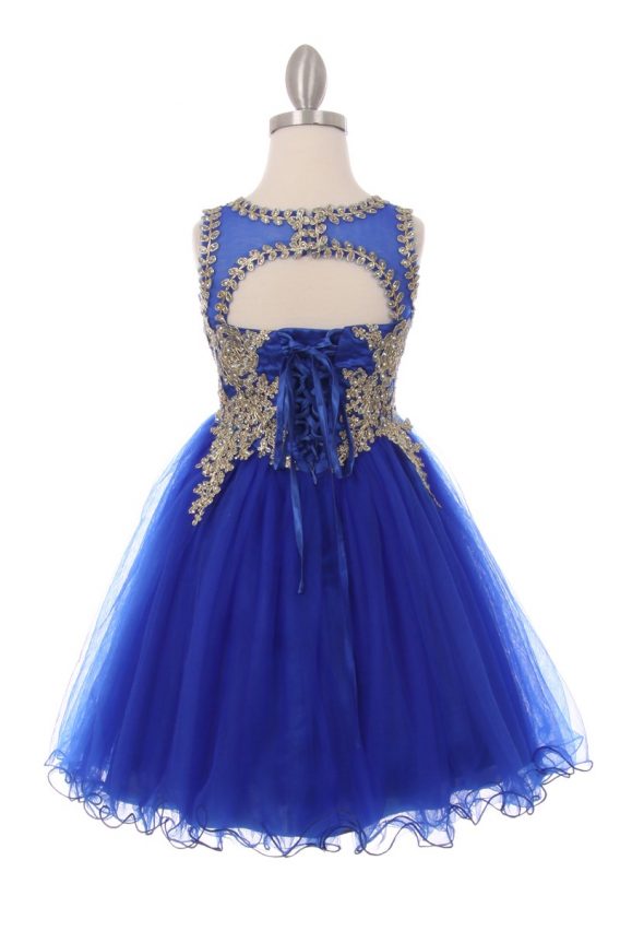 blue holiday dress with a boat neckline, embroidered bodice, jeweled detail, solid ruffled skirt, and back cutout with lace-up strings.
