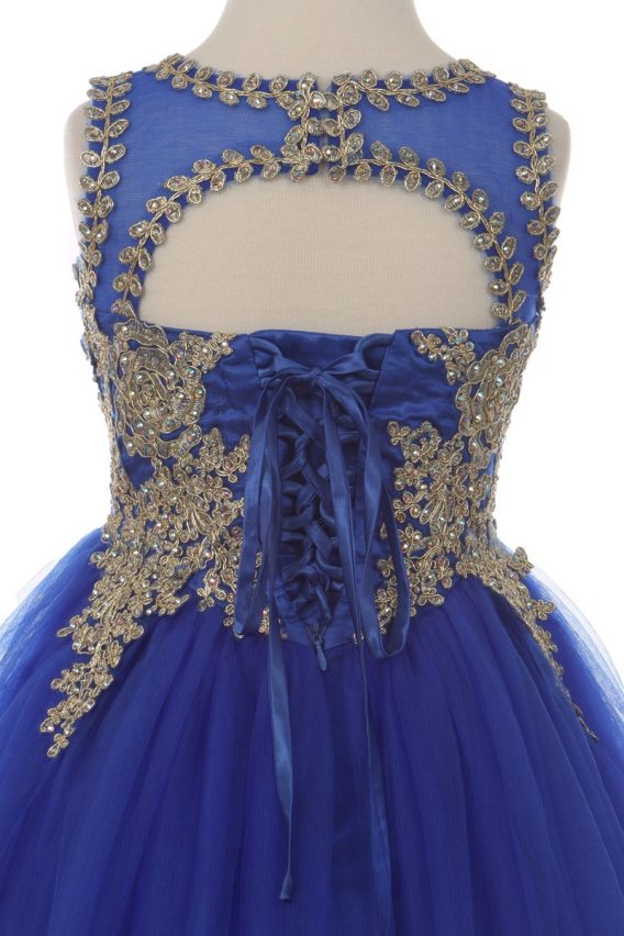 Blue open back short prom dress with a boat neckline, embroidered bodice, ruffled skirt, and back cutout with lace-up strings.