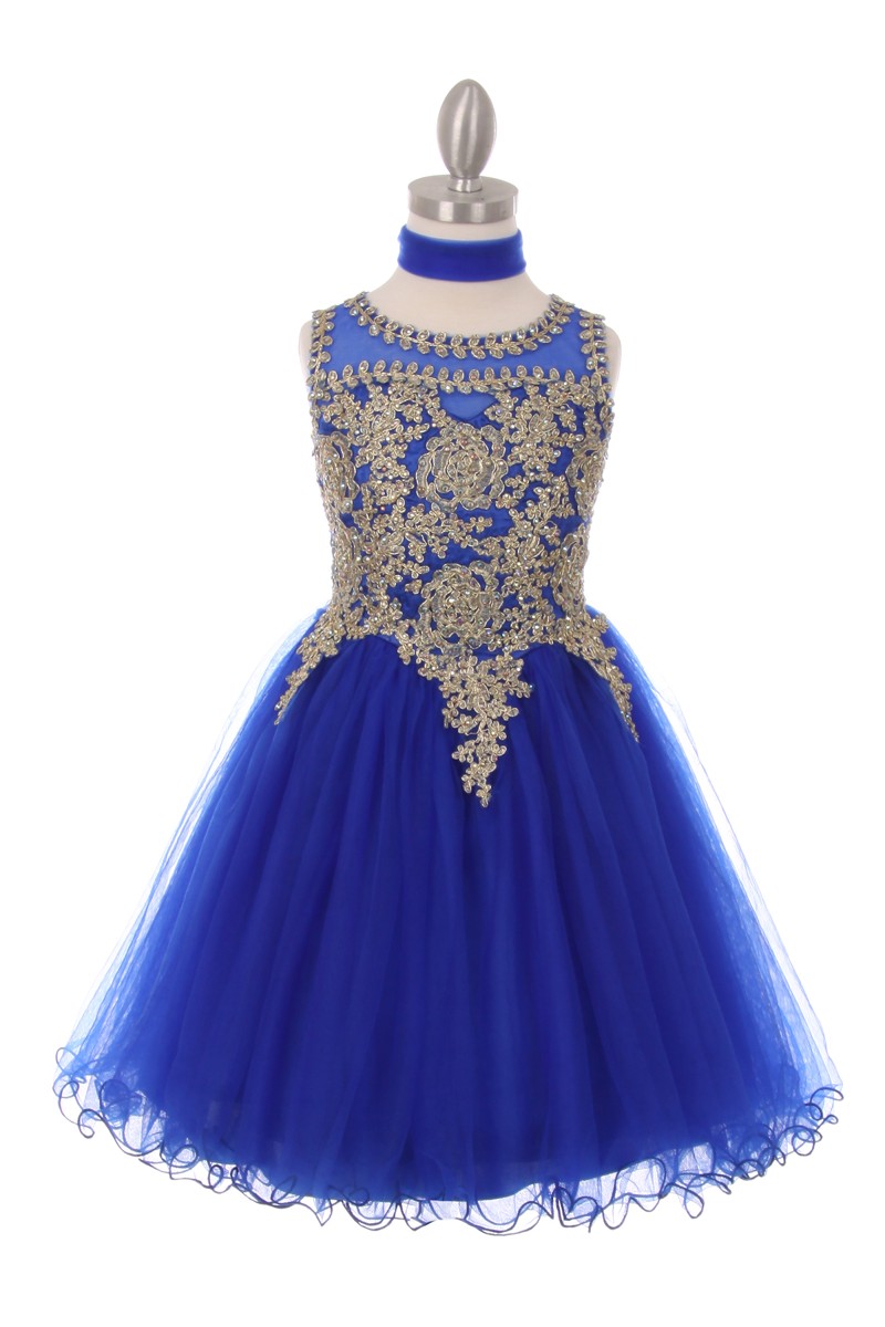 blue holiday dress with a boat neckline, embroidered bodice, jeweled detail, solid ruffled skirt, and back cutout with lace-up strings.