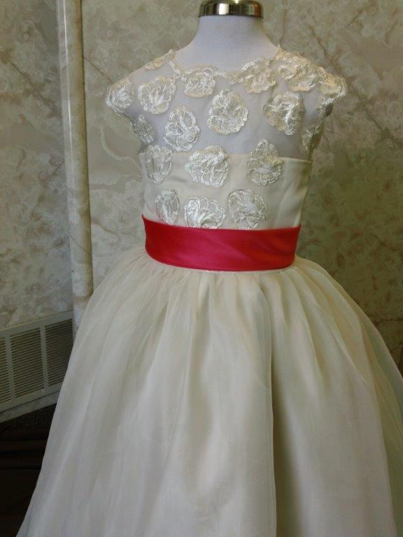Champagne miniature bride dress with coral sash