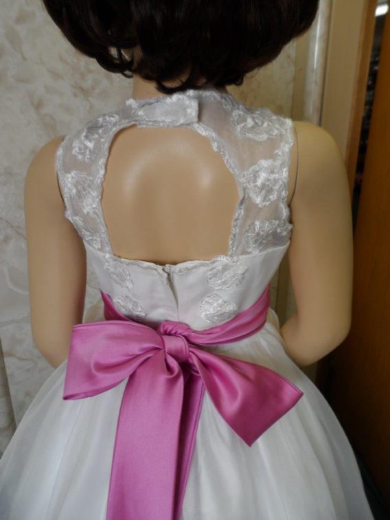 open back miniature bride dress with pink sash