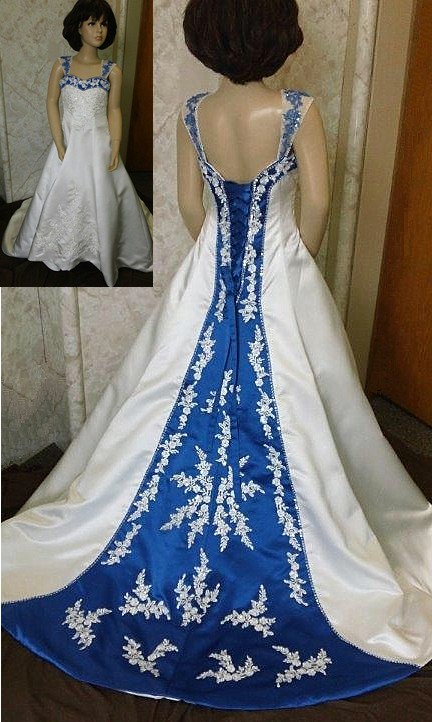 Royal blue and ivory lace flower girl dress with a train.