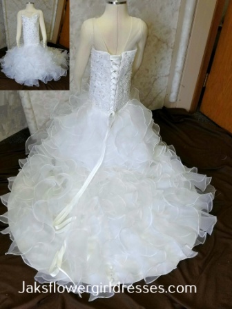 Toddler mermaid dress with ruffle skirt and train. Sweetheart beaded lace bodice. Made to match this brides dress.