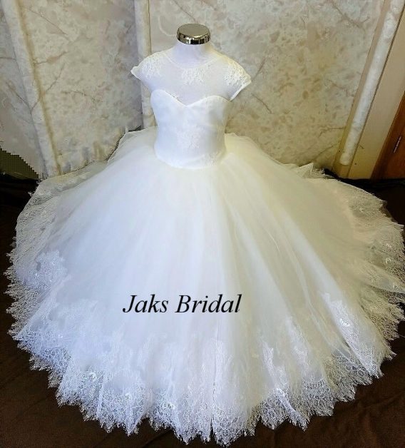 Lace Illusion Neckline flower girl dress with tulle/lace Skirt and Beaded Sash