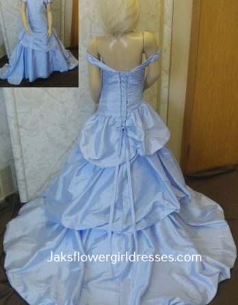 Lavender flower girl dress with pick up skirt and train. Long taffeta off shoulder sleeve dress with corset lace up back.