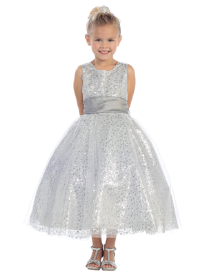 Little girl's silver dresses. Sparkly dresses to make you dazzle this season. Sleeveless scoop neck sequin and tulle overlay dress sparkle with a tie sash.
