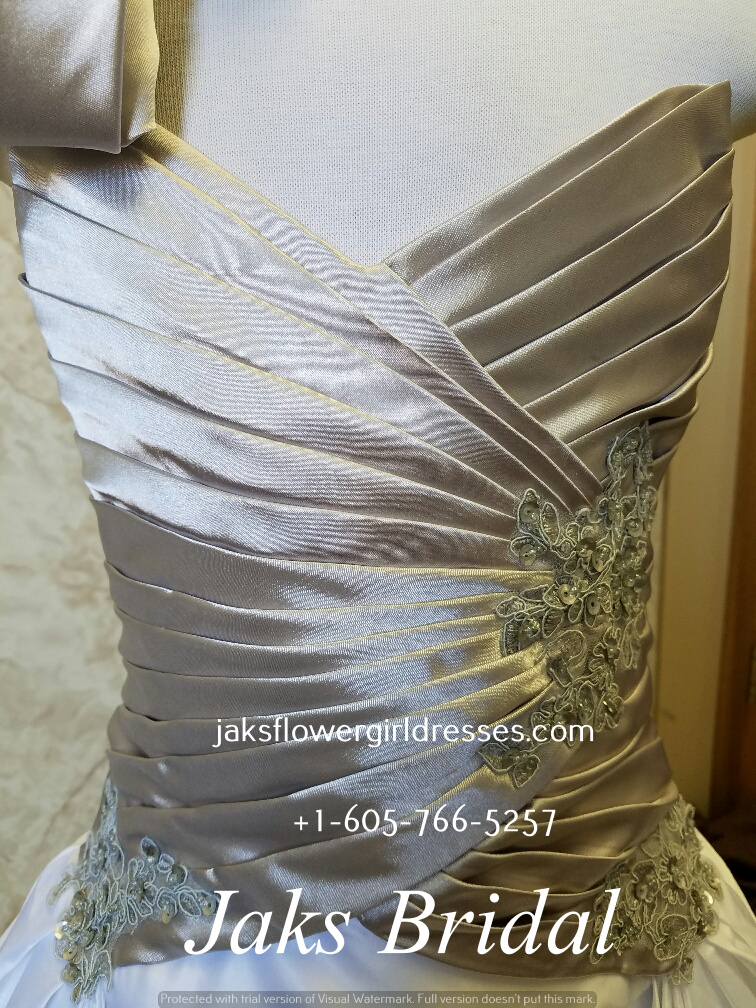 silver and white flower girl dress