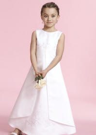 A-line Satin floor-length Flower Girl Dress with embroidery bodice, and split front skirt. On sale for $40.