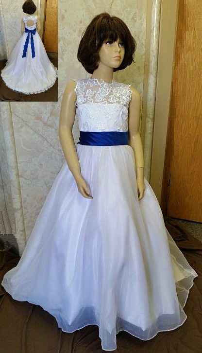 White miniature bride dress with royal blue sash