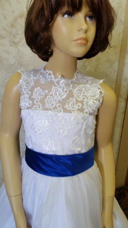 White miniature bride dress with royal blue sash