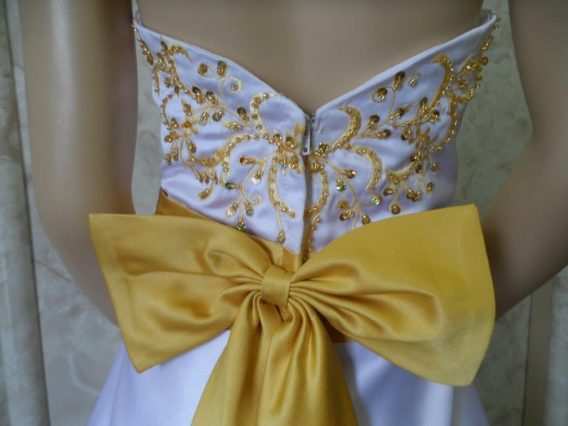 white and gold flower girl dress