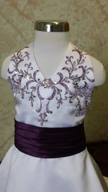 white and purple flower girl dress