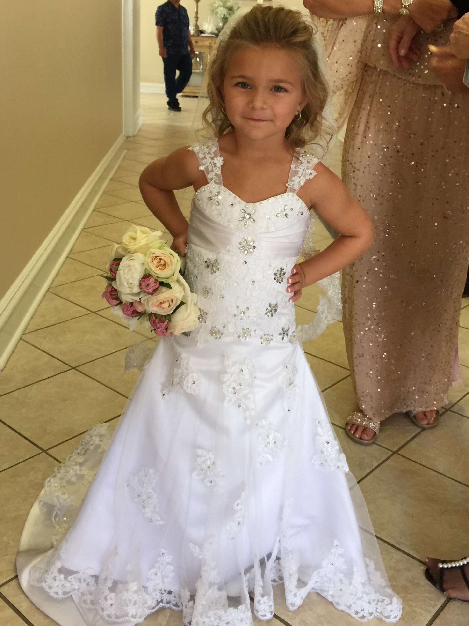 Wedding dress and matching lace and crystal flower girl dress