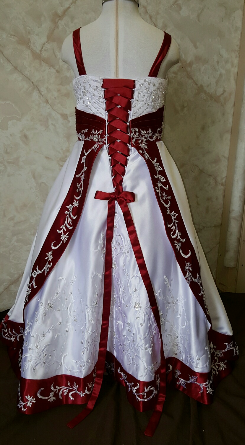 White and red matching flower girl and bride dresses
