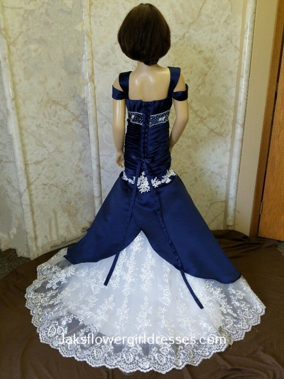 Navy mermaid flower girl dress with scalloped lace train