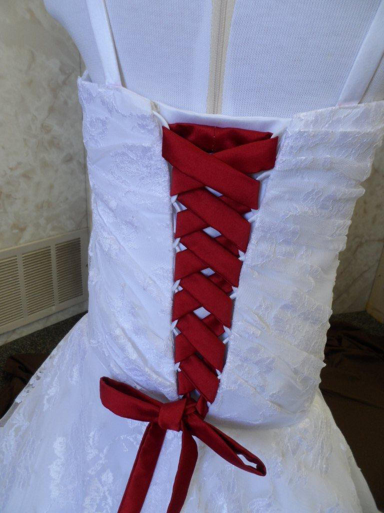 sweetheart miniature bridal gown with red corset ties