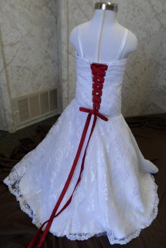 sweetheart miniature bridal gown with red corset ties