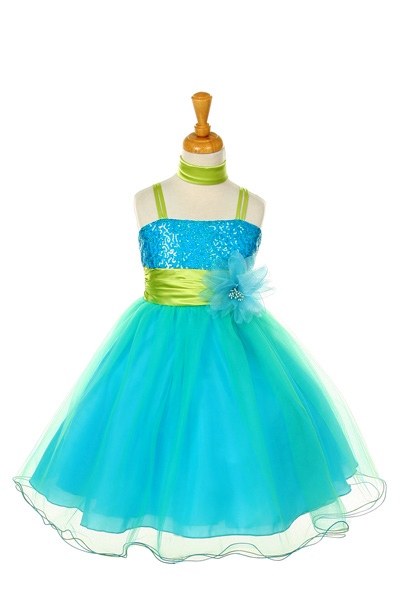 Little Girls sequin dress SALE. Short turquoise sequin dress with lime green accents.