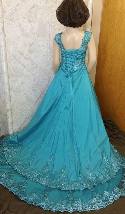 long turquoise lace flower girl dress with train
