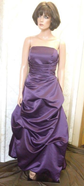 Purple bridesmaid dress with pickup skirt, and corset back.