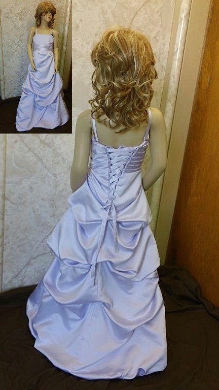 Purple junior bridesmaid dress with pickup skirt.