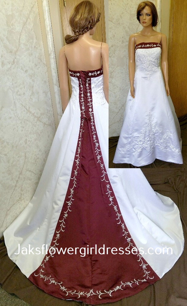 White dress for wedding flower girls. Merlot trimmed neckline, lace up back and chapel train with beaded embroidery.
