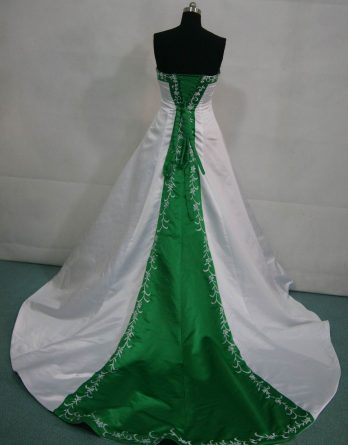 White wedding gown with Emerald Green trimmed train