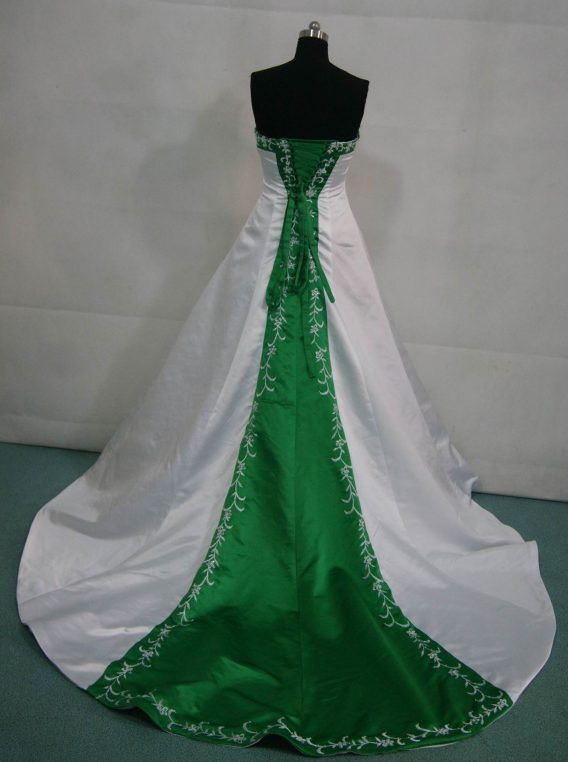 White wedding gown with Emerald Green trimmed train