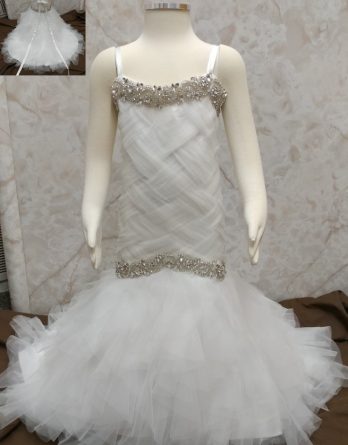 Tulle trumpet flower girl dress with ruffle skirt, and jewel trim.