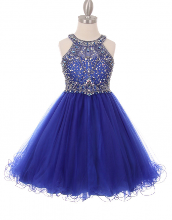 Dazzling halter neck rhinestone party tulle dress. Royal blue girls rhinestone dress with open back.