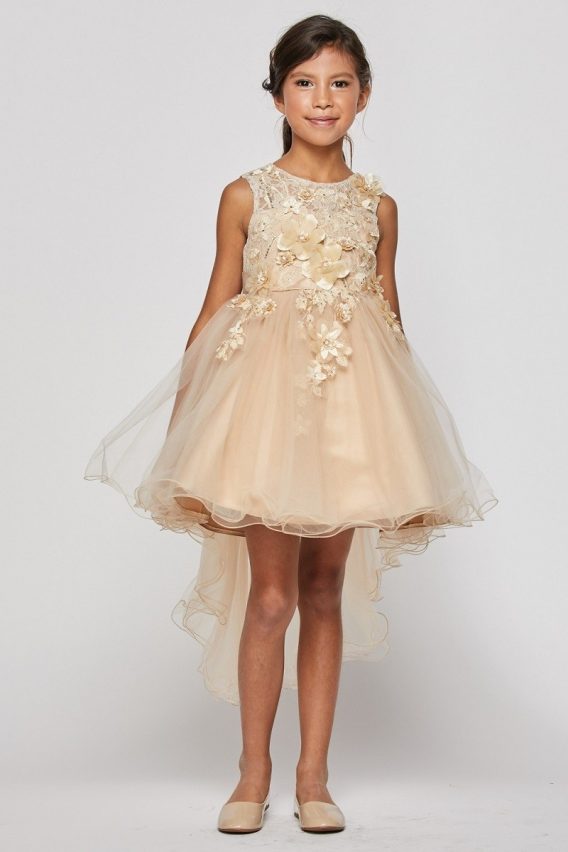 Girls hi low dresses are heading to the parties. Sleeveless, hi low dress with 3D floral bodice, and sheer tulle train.
