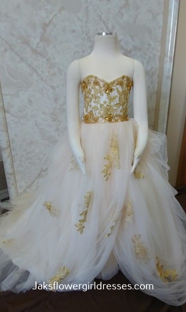 champagne and gold lace flower girl dress