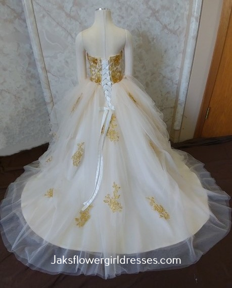 champagne and gold lace flower girl dress