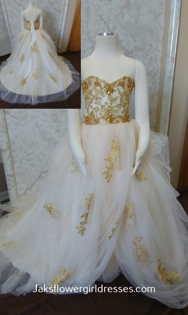 Gold lace flower girl dress