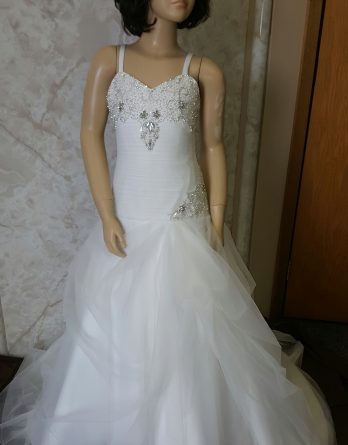 This Bride asked us to match her Allure Bridals 9002 wedding gown for this flower girl dress. This is our look Alike flower girl dress.  A sweetheart neckline, with a crystal and beaded embroidery bodice and a mermaid skirt.