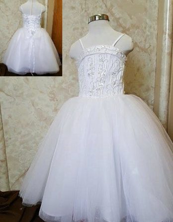 Tulle flower girl ball gown with cuffed neckline