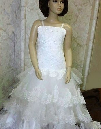 Mermaid style flower girl dresses with lace layered train.