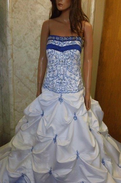 bright blue and white colorful wedding dress