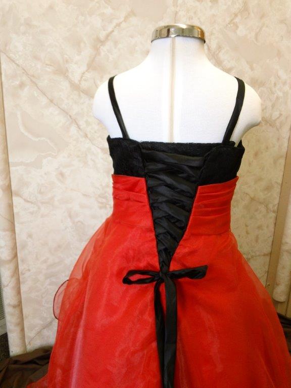 Black lace bodice with red stunning organza ruffle skirt