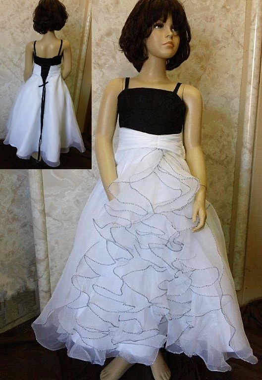 Long organza ruffle skirt black and white flower girl dress.