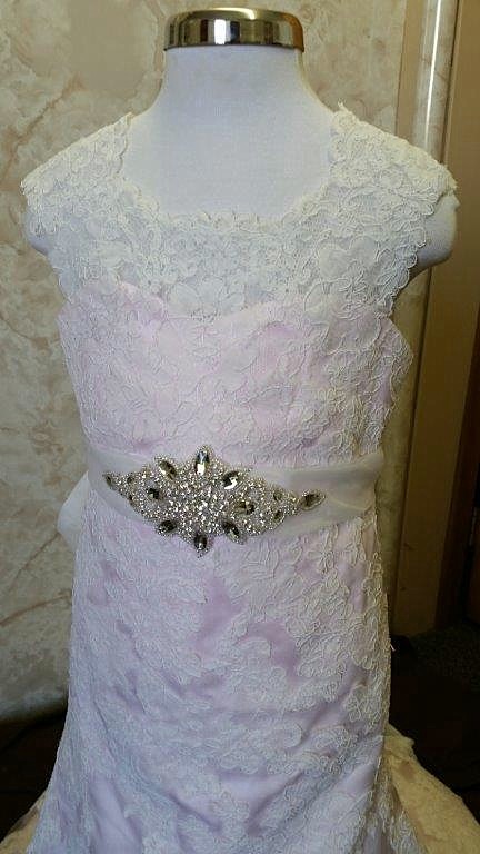 lace miniature bride dress with beaded bridal sash