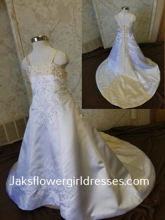 Long white and yellow flower girl dress on sale for $100.00.
