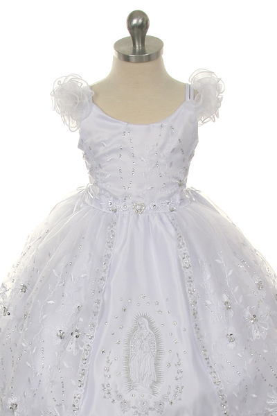 Babies christening gowns with Mary embroidered on the front of the skirt.