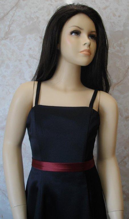 A-line black junior bridesmaid dress with a burgundy sash.