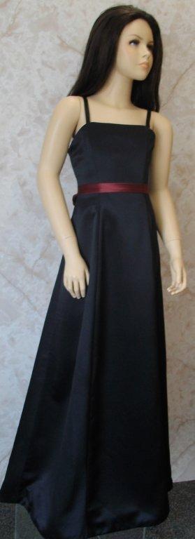 A-line black junior bridesmaid dress with a burgundy sash.