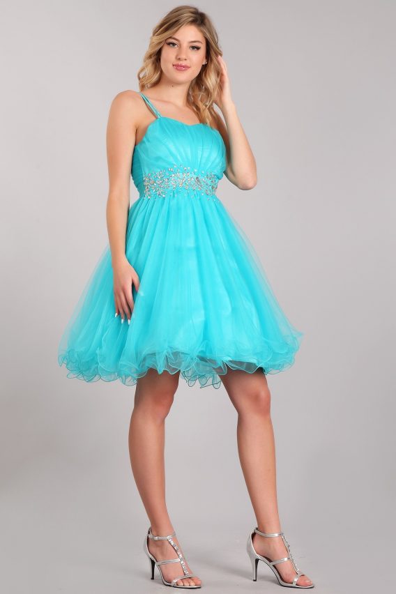 Studded girls cocktail dresses. Doubled strap sweetheart bodice. Dazzling jewel waistline, and wire hem tulle skirt.