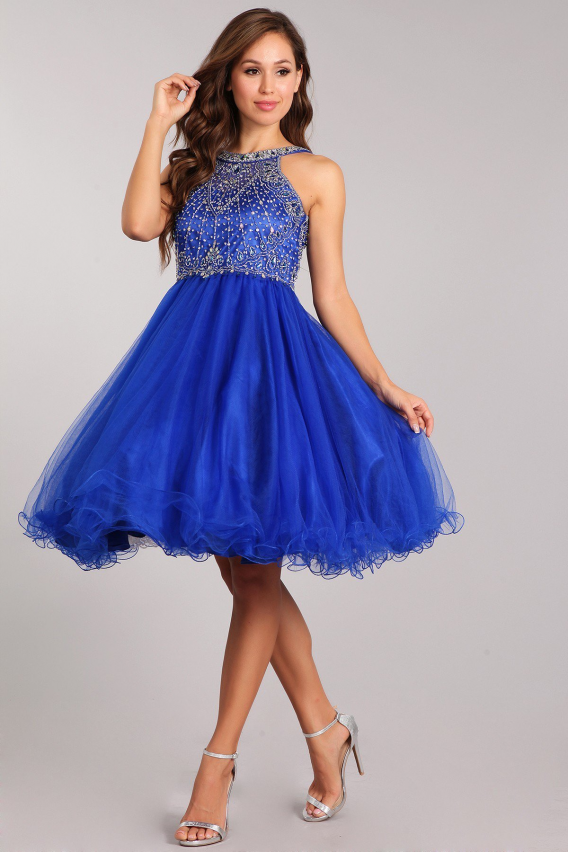 Dazzling halter neck rhinestone party tulle dress. Open back royal blue junior brides dress with tulle skirt.